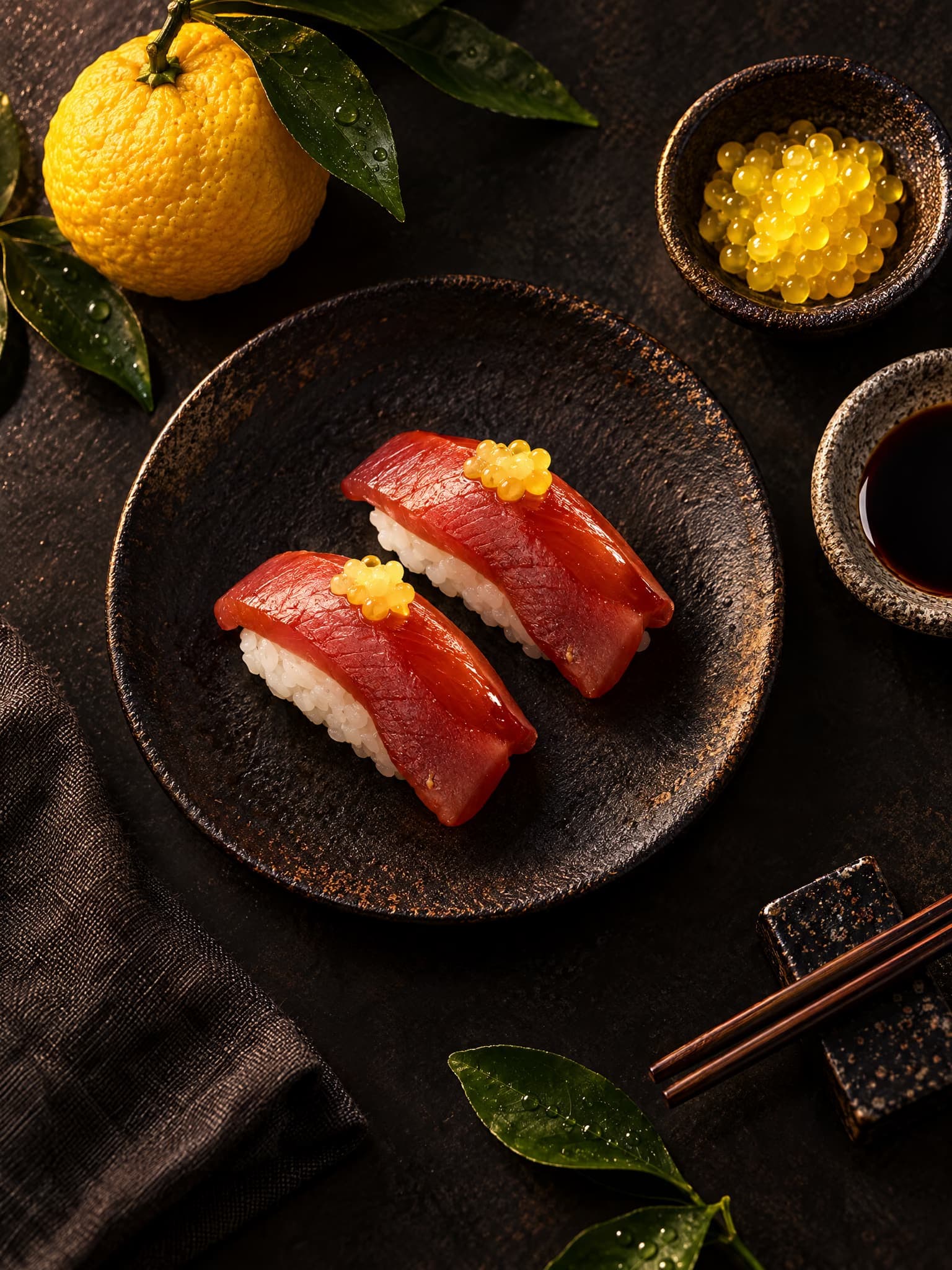 Dos nigiris de atún con perlas amarillas en un plato oscuro, junto a un yuzu y un cuenco de soja